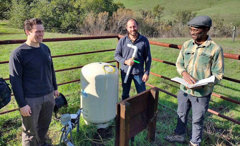 Escuela Ranch – Pennington Creek Lands Conservation Hydrologist Tim Delany (left), SLO Coastal Resources Conservation District Engineer Joe Murphy (center), and Cal Poly's Professor of Hydrogeology Dr. Bwalya Malama (right)